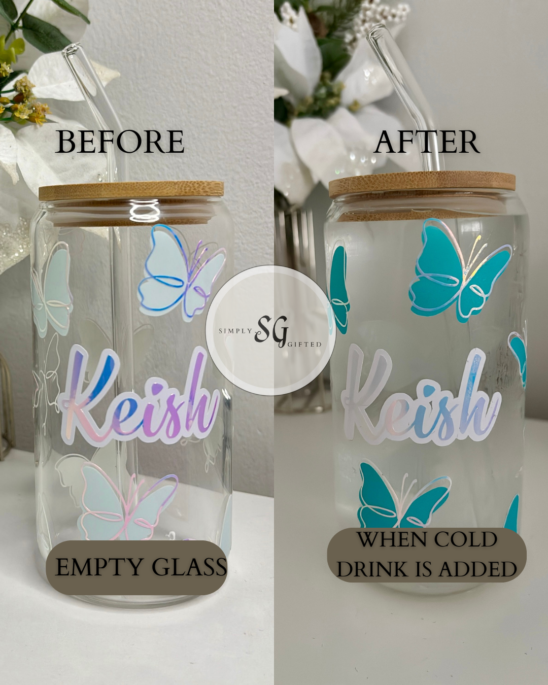 Personalised Colour Changing Glass Libby Can with Name & Butterfly Design Drinkware